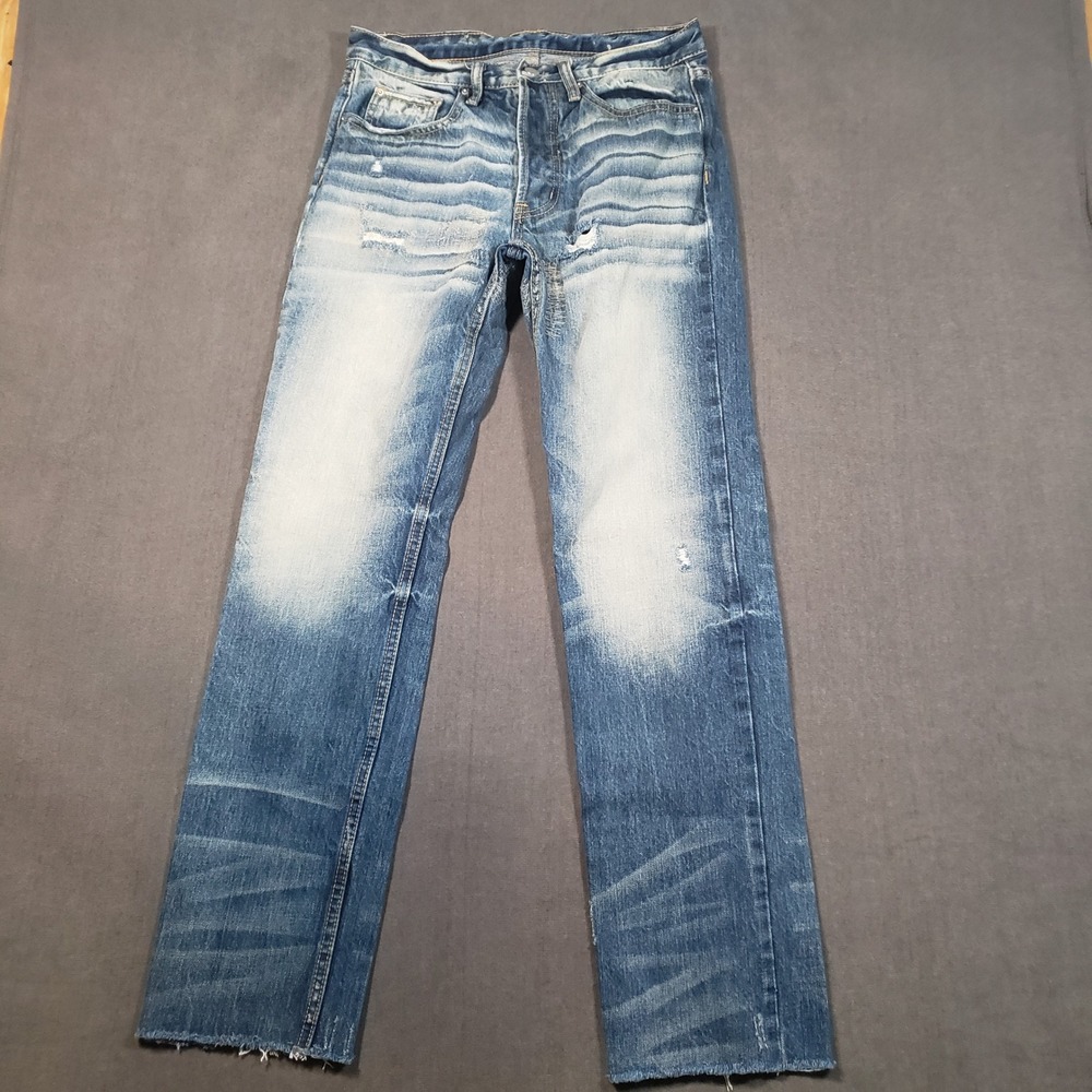 mnml Distressed Jeans Mens 28 Blue Faded Button Fly Raw Hem Straight Leg